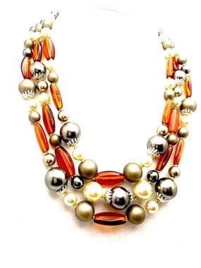 Vintage Costume Jewelry Japan 50s Faux Amber & Pearl Bead Multi Strand Necklace